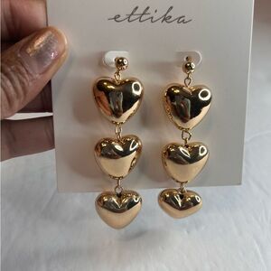 NWT Ettika Triple Round Hearts Dangle Earrings Gold 18K Gold